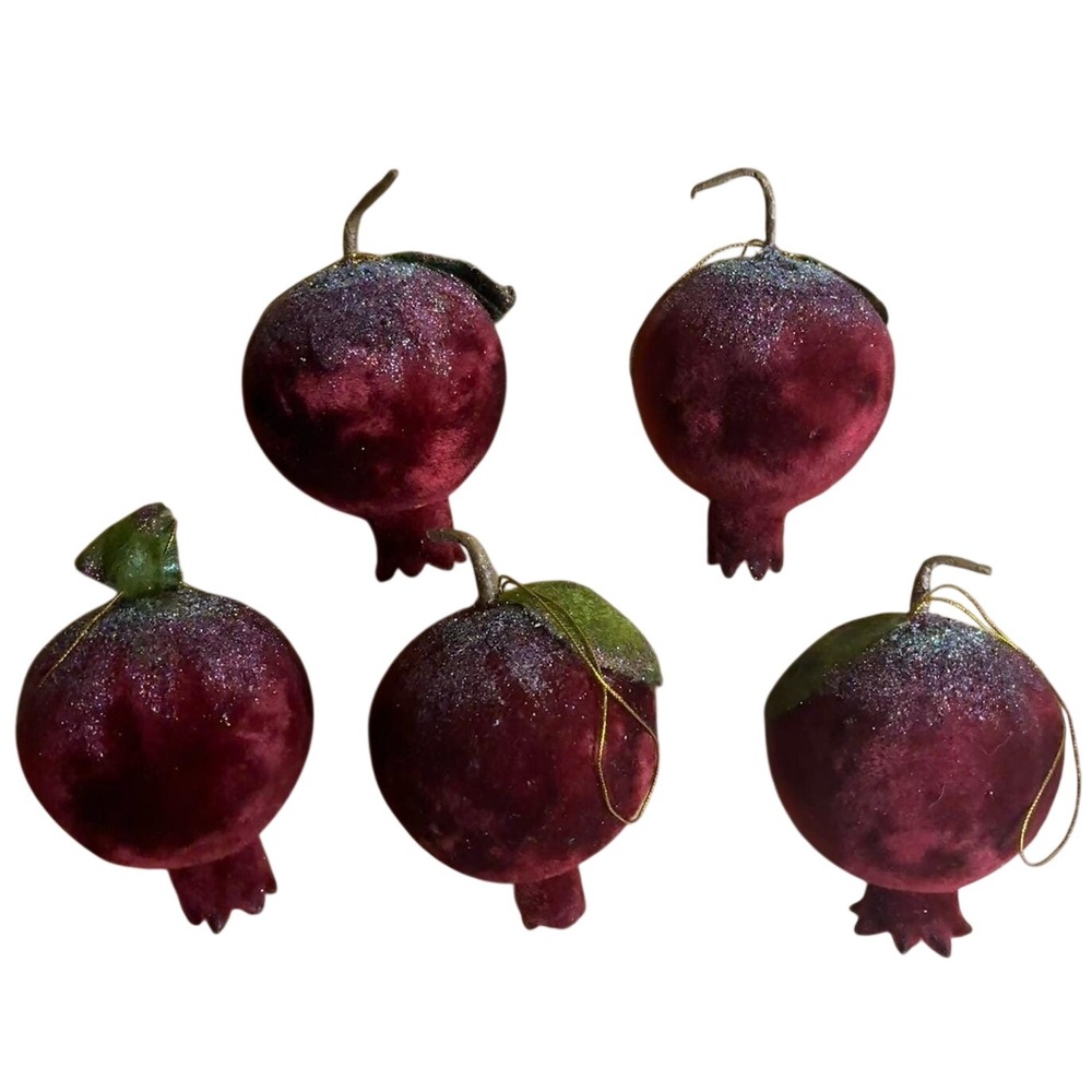 Velvet Pomegranates Christmas Ornaments Red Glitter Vintage Lot Of 4 *flaw